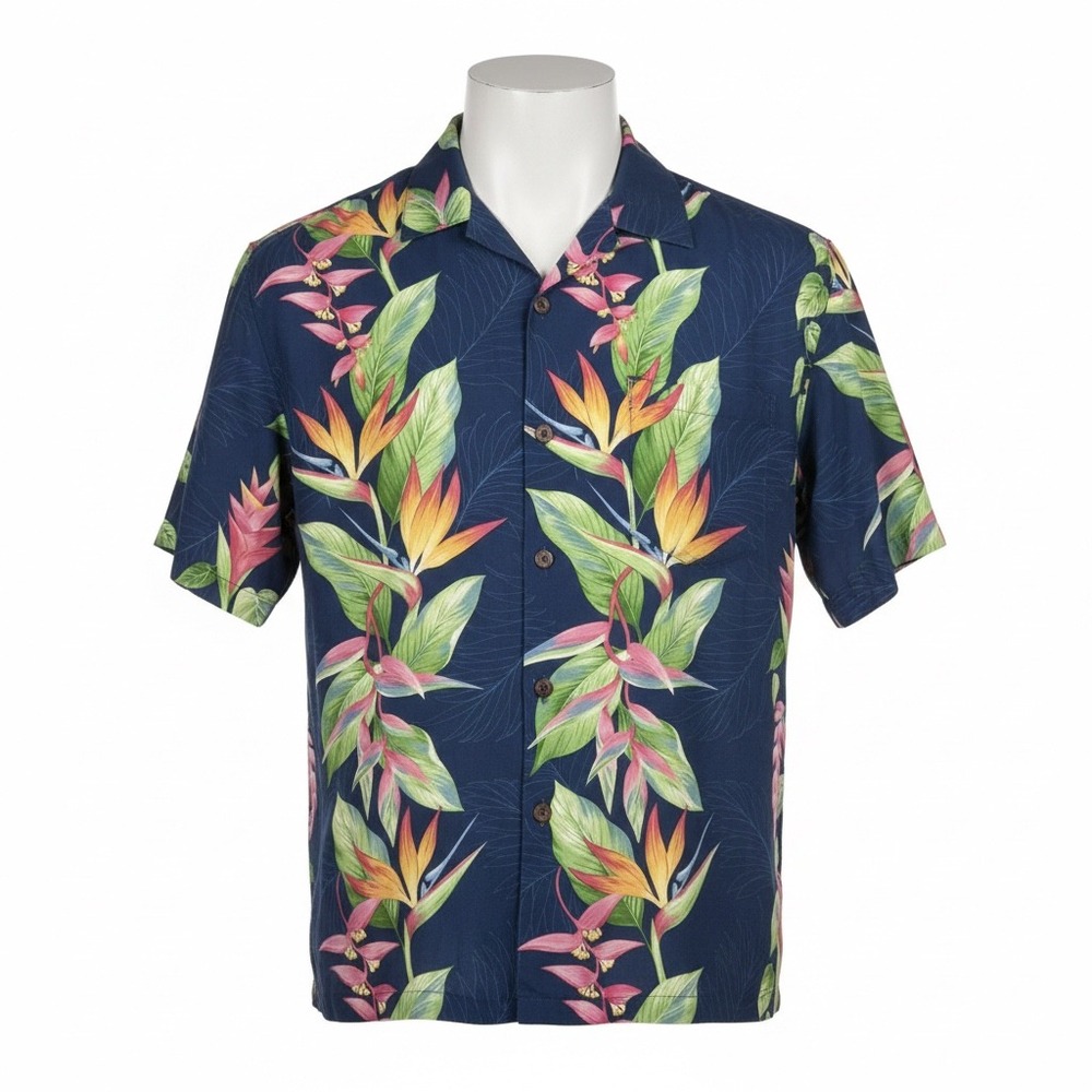 Hilo Hatties Hawaiian Original Tropical Aloha Shirt Bird Of Paradise Blue Medium